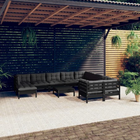 vidaXL Muebles de jardín 11 pzas con cojines negro madera de pino