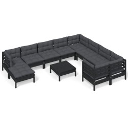 vidaXL Muebles de jardín 11 pzas con cojines negro madera de pino