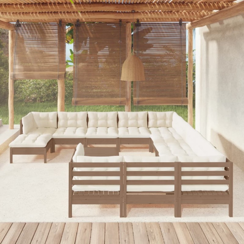 vidaXL Muebles de jardín 13 pzas y cojines madera de pino marrón miel vidaXL Muebles de jardín 13 pzas y cojines madera de pino marrón miel