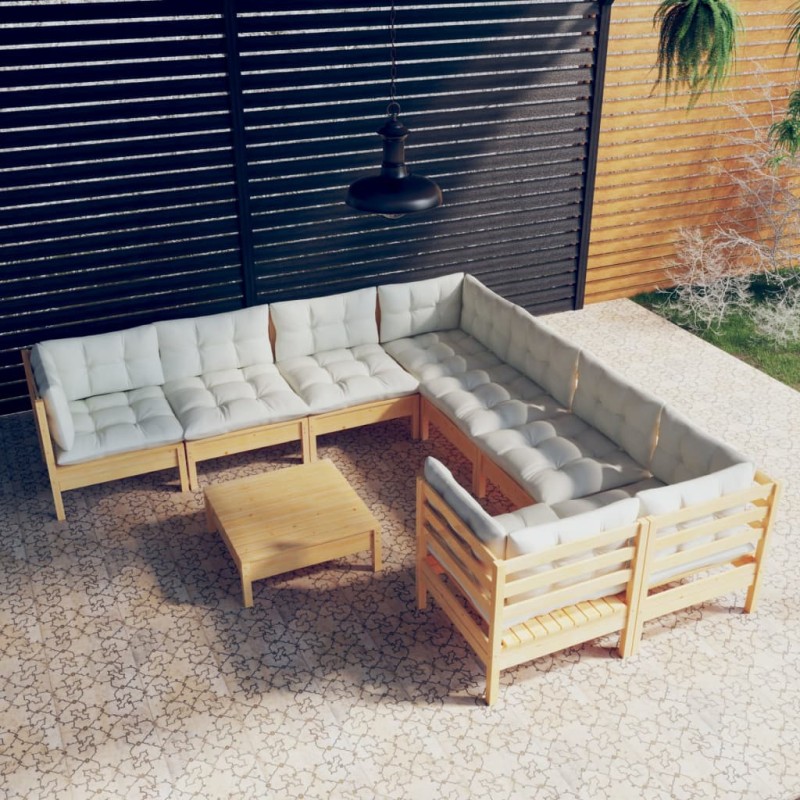 vidaXL Muebles de jardín 9 piezas y cojines madera de pino crema vidaXL Muebles de jardín 9 piezas y cojines madera de pino crema