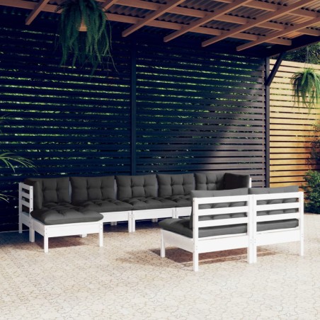 vidaXL Muebles de jardín 9 pzas con cojines blanco madera de pino
