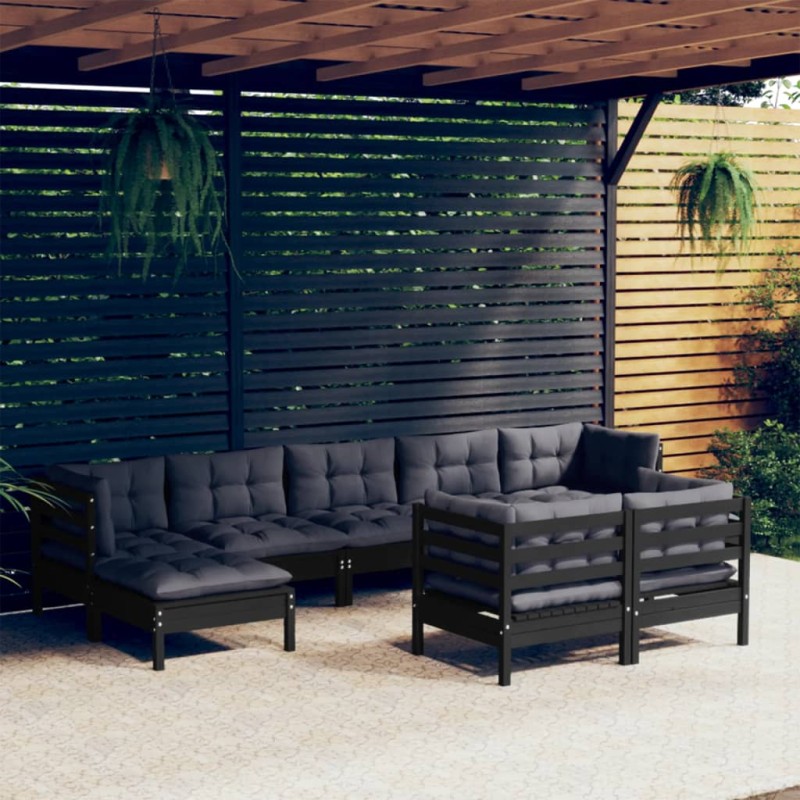 vidaXL Muebles de jardín 9 pzas y cojines negro madera maciza de pino vidaXL Muebles de jardín 9 pzas y cojines negro madera maciza de pino