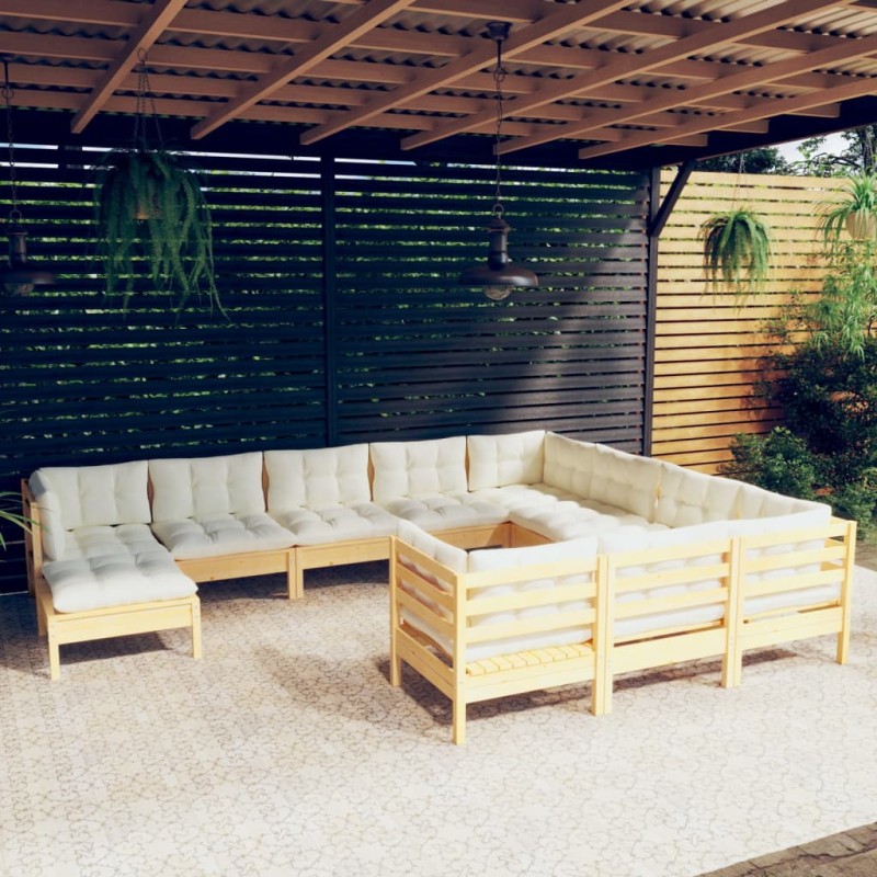 vidaXL Muebles de jardín 11 piezas y cojines madera de pino crema vidaXL Muebles de jardín 11 piezas y cojines madera de pino crema