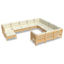 vidaXL Muebles de jardín 11 piezas y cojines madera de pino crema
