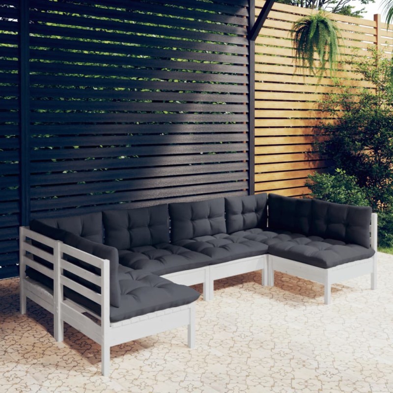 vidaXL Muebles de jardín 6 pzas y cojines blanco madera maciza de pino vidaXL Muebles de jardín 6 pzas y cojines blanco madera maciza de pino