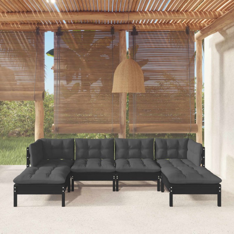 vidaXL Muebles de jardín 6 pzas con cojines negro madera de pino