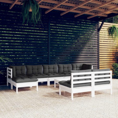 vidaXL Muebles de jardín 10 pzas con cojines blanco madera de pino