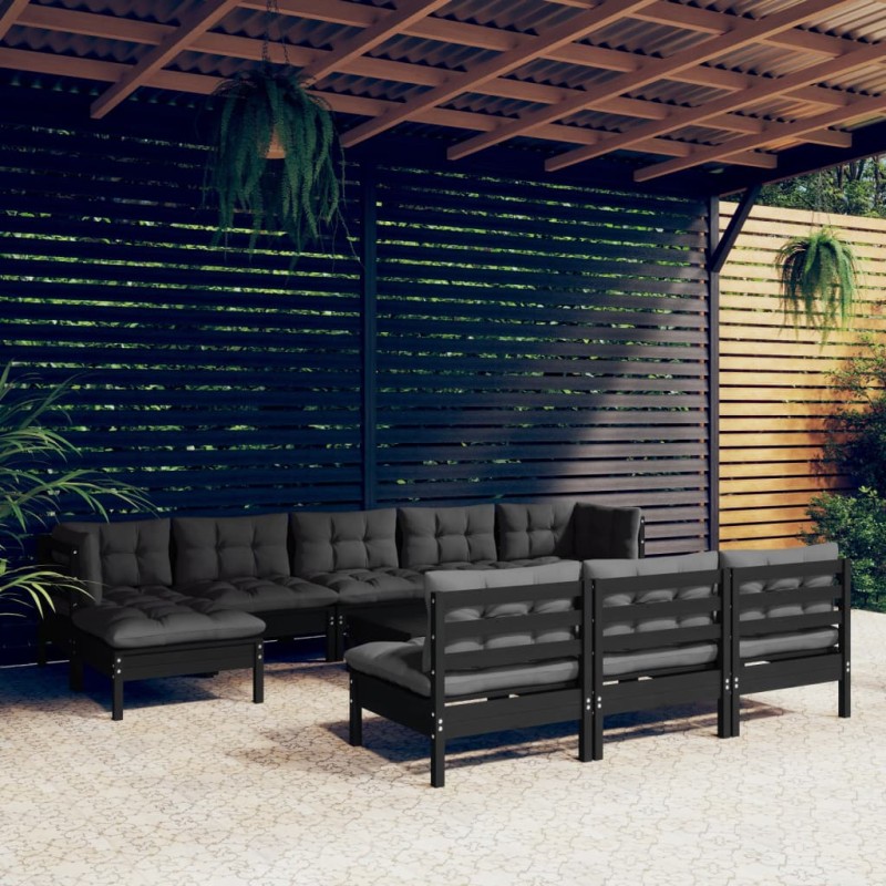 vidaXL Muebles de jardín 11 pzas con cojines negro madera de pino vidaXL Muebles de jardín 11 pzas con cojines negro madera de pino