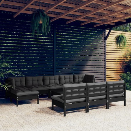 vidaXL Muebles de jardín 11 pzas con cojines negro madera de pino