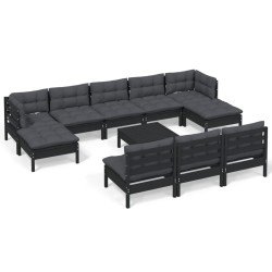 vidaXL Muebles de jardín 11 pzas con cojines negro madera de pino