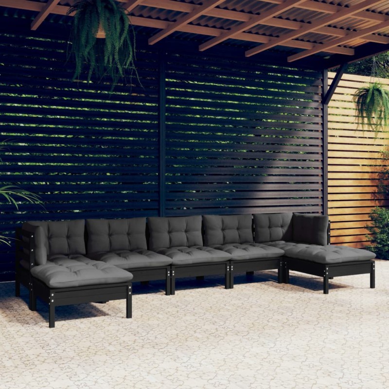 vidaXL Muebles de jardín 7 pzas con cojines negro madera de pino