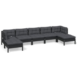 vidaXL Muebles de jardín 7 pzas con cojines negro madera de pino