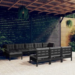 vidaXL Muebles de jardín 10 pzas con cojines negro madera de pino