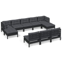 vidaXL Muebles de jardín 10 pzas con cojines negro madera de pino