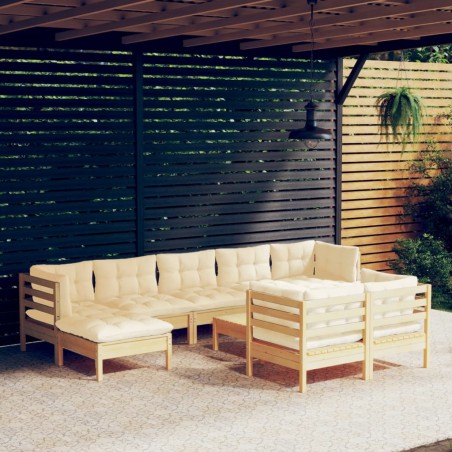 vidaXL Muebles de jardín 10 pzas y cojines madera maciza de pino crema