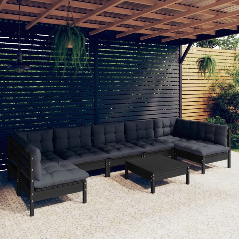 vidaXL Muebles de jardín 8 pzas con cojines negro madera maciza pino vidaXL Muebles de jardín 8 pzas con cojines negro madera maciza pino