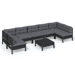 vidaXL Muebles de jardín 8 pzas con cojines negro madera maciza pino