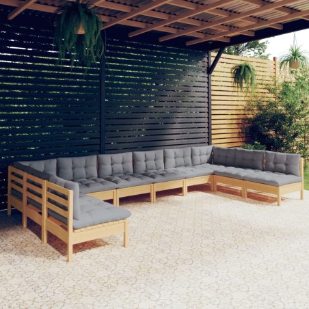 vidaXL Juego de muebles de jardín 10 pzas y cojines madera maciza pino