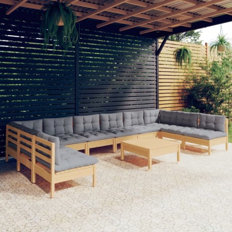 vidaXL Juego de muebles de jardín 11 pzas y cojines madera maciza pino