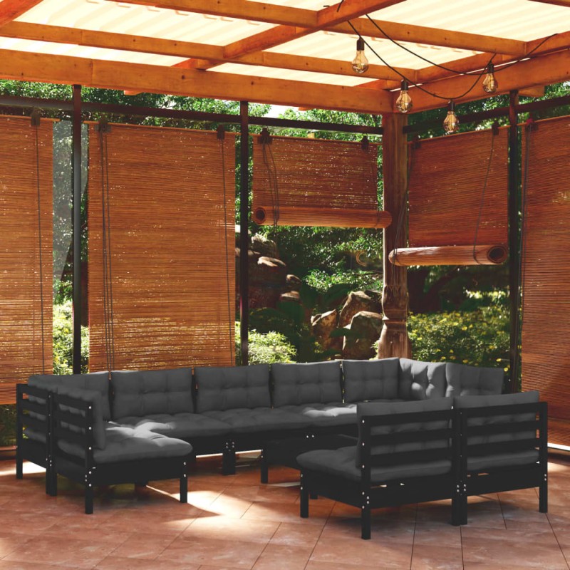 vidaXL Muebles de jardín 10 pzas y cojines negro madera maciza de pino vidaXL Muebles de jardín 10 pzas y cojines negro madera maciza de pino