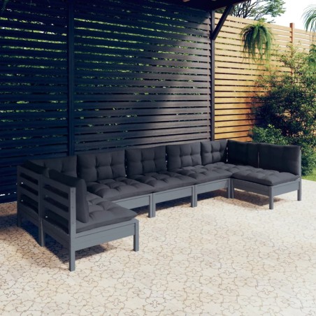 vidaXL Muebles de jardín 7 pzas y cojines gris madera maciza de pino