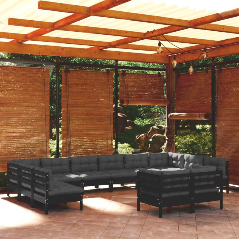 vidaXL Muebles de jardín 12 pzas y cojines negro madera maciza de pino vidaXL Muebles de jardín 12 pzas y cojines negro madera maciza de pino