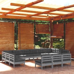vidaXL Muebles de jardín 13 pzas y cojines gris madera maciza de pino