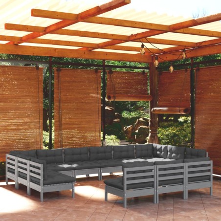 vidaXL Muebles de jardín 13 pzas y cojines gris madera maciza de pino