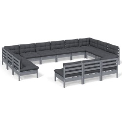 vidaXL Muebles de jardín 13 pzas y cojines gris madera maciza de pino