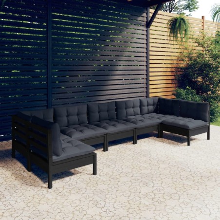 vidaXL Muebles de jardín 7 pzas y cojines negro madera maciza de pino