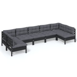 vidaXL Muebles de jardín 7 pzas y cojines negro madera maciza de pino