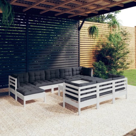 vidaXL Muebles de jardín 11 pzas cojines blanco madera maciza de pino