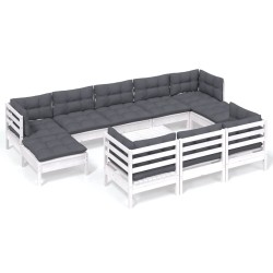 vidaXL Muebles de jardín 11 pzas cojines blanco madera maciza de pino