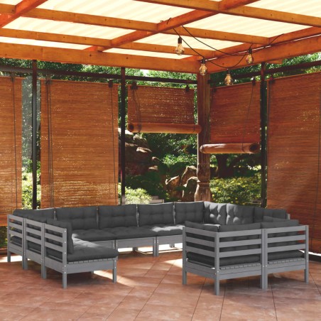 vidaXL Muebles de jardín 11 pzas y cojines gris madera maciza de pino