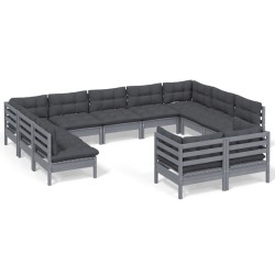 vidaXL Muebles de jardín 11 pzas y cojines gris madera maciza de pino