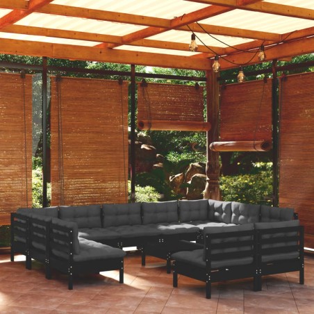vidaXL Muebles de jardín 12 pzas y cojines negro madera maciza de pino