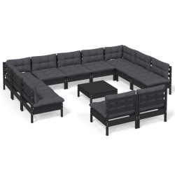 vidaXL Muebles de jardín 12 pzas y cojines negro madera maciza de pino