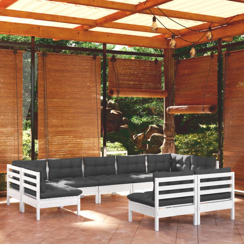 vidaXL Muebles de jardín 9 pzas y cojines blanco madera maciza de pino vidaXL Muebles de jardín 9 pzas y cojines blanco madera maciza de pino