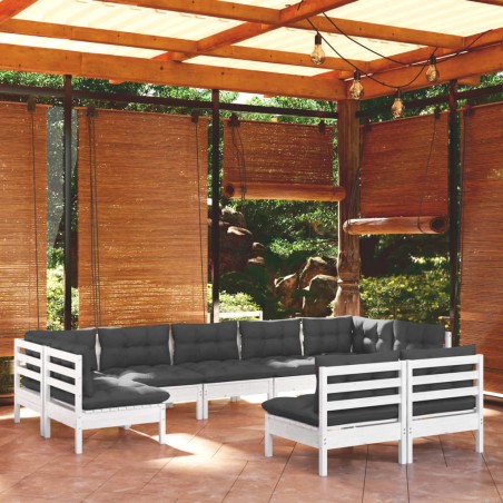 vidaXL Muebles de jardín 9 pzas y cojines blanco madera maciza de pino