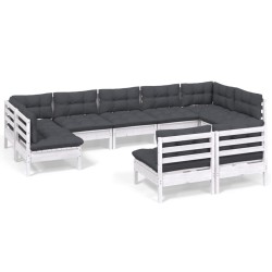 vidaXL Muebles de jardín 9 pzas y cojines blanco madera maciza de pino