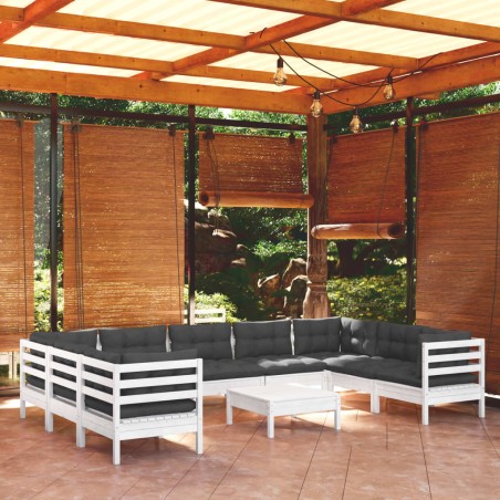 vidaXL Muebles de jardín 10 pzas con cojines blanco madera de pino