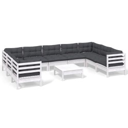vidaXL Muebles de jardín 10 pzas con cojines blanco madera de pino