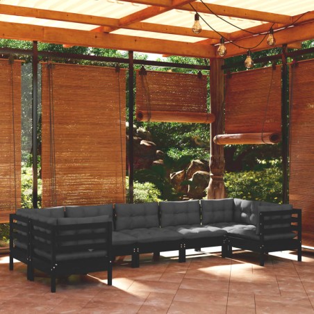 vidaXL Muebles de jardín 7 pzas con cojines negro madera de pino