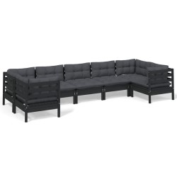 vidaXL Muebles de jardín 7 pzas con cojines negro madera de pino