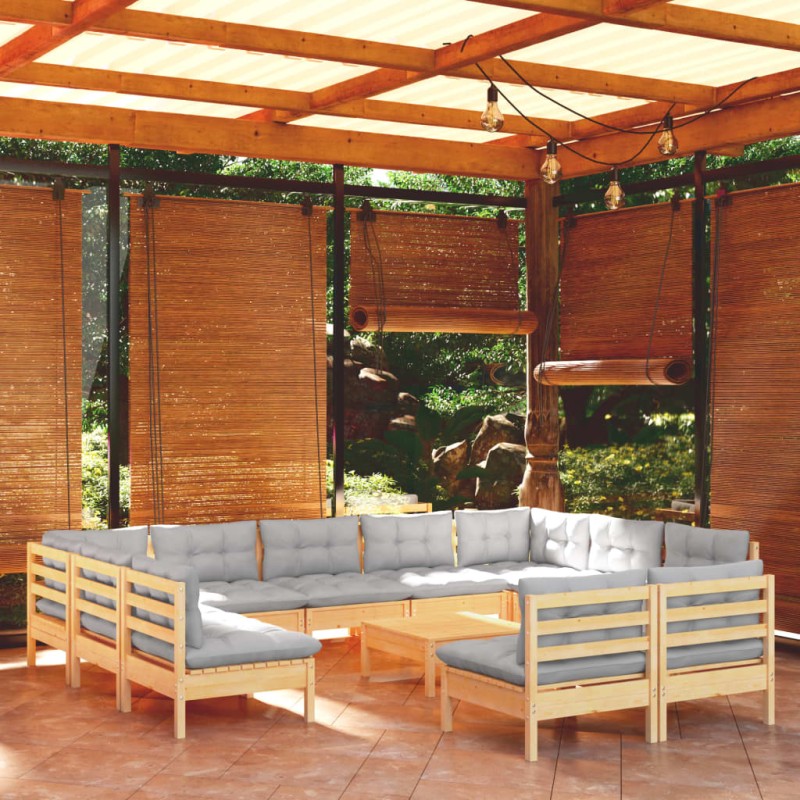 vidaXL Muebles de jardín 12 pzas y cojines gris madera maciza de pino vidaXL Muebles de jardín 12 pzas y cojines gris madera maciza de pino