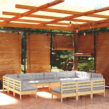 vidaXL Muebles de jardín 14 pzas y cojines gris madera maciza de pino