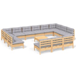 vidaXL Muebles de jardín 14 pzas y cojines gris madera maciza de pino