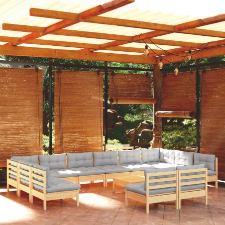 vidaXL Muebles de jardín 13 pzas y cojines madera maciza de pino gris