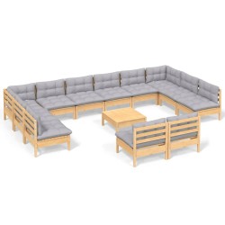 vidaXL Muebles de jardín 13 pzas y cojines madera maciza de pino gris