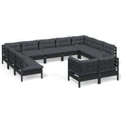 vidaXL Muebles de jardín 11 pzas y cojines negro madera maciza de pino